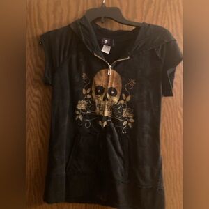 Y2K Morbid Threads Black and Gold Skull Short Sleeve Hoodie
